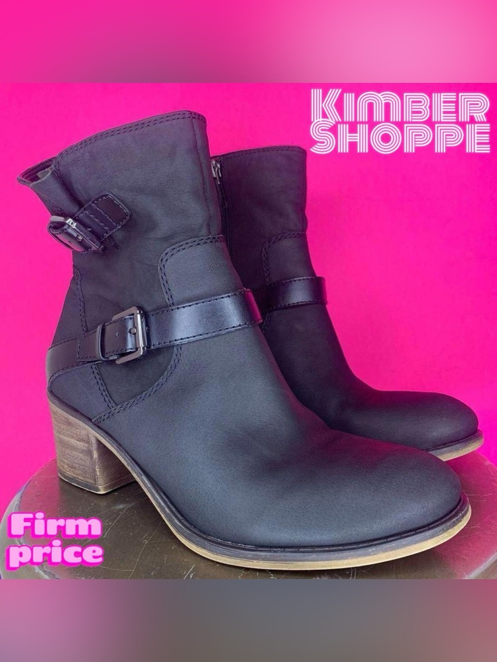 Franco Sarto Larisa 2 Black Leather Double Buckle Heeled Boots US 8.5 UK 6.5